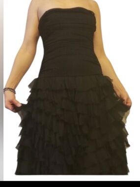 BCBG MaxAzria strapless silk fringe gown